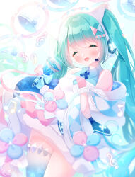1girl 39 ^_^ animal_ear_headphones animal_ears aqua_hair asymmetrical_gloves bare_shoulders bell blue_cross_tie blue_gloves blue_shawl blue_shirt breasts christmas closed_eyes collared_shirt commentary_request cowboy_shot cross_tie dated dress facing_viewer fake_animal_ears fur-trimmed_dress fur-trimmed_gloves fur_trim gloves hair_ornament hatsune_miku headphones highres holding holding_bell long_hair magical_mirai_(vocaloid) magical_mirai_miku magical_mirai_miku_(2020_winter) medium_breasts mismatched_gloves omochi_monaka open_mouth pink_gloves shawl shirt signature single_thighhigh sleeveless sleeveless_shirt smile solo thighhighs treble_clef twintails very_long_hair vocaloid white_dress