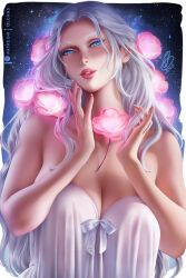 1girl bare_shoulders blue_eyes breasts cleavage dress final_fantasy final_fantasy_xiv flower grey_hair large_breasts long_hair looking_at_viewer olchas parted_lips pink_flower red_lips solo strapless strapless_dress upper_body venat_(ff14) white_dress