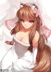 1girl animal_ears brown_hair dress holo likunea long_hair red_eyes solo spice_and_wolf tail wedding_dress white_dress wolf_ears wolf_tail