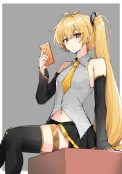 1girl akita_neru antenna_hair arm_at_side bare_shoulders black_boots black_skirt black_sleeves blonde_hair boots breasts cellphone collarbone collared_shirt detached_sleeves double-parted_bangs eyes_visible_through_hair flip_phone frilled_shirt frilled_shirt_collar frills from_above full_body hair_between_eyes hair_ornament hand_up head_tilt headphones high_side_ponytail highres holding holding_phone legs_apart long_hair long_sleeves miniskirt nail_polish necktie parted_lips perspective phone pigeon-toed pleated_skirt shirt shoulder_tattoo side_ponytail simple_background skirt sleeveless sleeveless_shirt small_breasts solo standing tattoo thigh_boots thighhighs tie_clip very_long_hair vocaloid wavy_hair white_background yellow_eyes yellow_nails yellow_necktie yellow_trim zettai_ryouiki zooanime