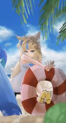 1girl absurdres ahoge animal_ear_fluff animal_ears beach blonde_hair blue_bow blue_eyes blue_hair blue_scrunchie blue_sky bow cat_ears closed_mouth cloud dress fins fish_girl fish_tail hair_bow highres indie_virtual_youtuber lifebuoy_hair_ornament long_hair looking_at_viewer low_twintails mouchu multicolored_hair one_side_up palm_leaf sameko_saba sand scrunchie sky sleeveless sleeveless_dress smile solo streaked_hair surfboard tail twintails very_long_hair virtual_youtuber white_dress