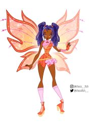 1girl arm_warmers bad_id bad_twitter_id believix belt blue_hair boots chocofish cleavage_cutout closed_mouth clothing_cutout commentary cornrows dark-skinned_female dark_skin english_commentary eyelashes fairy fingerless_gloves forehead full_body glitter gloves hair_tie halter_shirt halterneck happy high_heel_boots high_heels highres instagram_username kneehighs leotard lipstick long_hair magical_girl makeup nail_polish orange_boots orange_eyes orange_gloves orange_leotard orange_wings oversized_wings pink_arm_warmers pink_nails pink_shirt pink_socks red_lips shirt short_sleeves simple_background single_arm_warmer single_bare_arm single_bare_shoulder single_fingerless_glove single_sleeve smile socks solo striped_clothes striped_leotard studded_belt taranee_cook transparent_wings triangle_cutout twintails twitter_username vertical-striped_clothes vertical-striped_leotard very_dark_skin w.i.t.c.h. watermark white_background wings winx_club yellow_belt