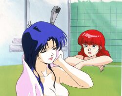 1980s_(style) 2girls amano_kazumi breasts cel closed_eyes closed_mouth jung_freud lipstick makeup multiple_girls nipples nude oldschool open_mouth purple_hair red_hair shower_(place) shower_head showering talking top_wo_nerae! top_wo_nerae!_(series) washing_hair