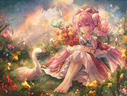 1girl absurdres aqua_bow aqua_bowtie aqua_eyes aqua_hair barefoot bird bow bowtie chinese_commentary commentary commentary_request danli_suri dress english_commentary feet flower hat highres holding holding_flower honkai:_star_rail honkai_(series) hyacine_(honkai:_star_rail) knees_up medium_hair mixed-language_commentary on_grass pink_hair red_dress red_hat sitting smile solo swan toes twintails