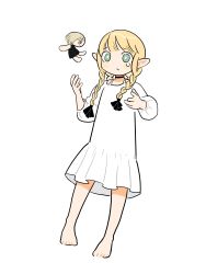 1girl aged_down bare_legs barefoot braid character_doll child doll dress dungeon_meshi elf falin_touden falin_touden_(doll) floating floating_object frs2 full_body green_eyes hair_around_ear hair_over_shoulder highres long_hair long_sleeves marcille_donato multiple_braids pointy_ears quad_braids quad_tails simple_background solo stuffed_toy surprised tears white_background white_dress