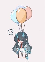 Rule 34 | ..., 1girl, arknights, balloon, black hair, blue hair, chibi, chibi only, chinese commentary, colored extremities, commentary request, dragon girl, dragon horns, dragon tail, dusk (arknights), flying, full body, grey background, hair over one eye, highres, horns, long hair, looking at viewer, multicolored hair, necktie, one eye covered, open mouth, orange eyes, orange necktie, pointy ears, shang ge promax, shirt, simple background, solo, spoken ellipsis, streaked hair, tail, white shirt