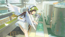2girls :d absurdres braid brown_hair commentary day english_commentary feathered_wings feathers flower green_eyes haruri helmet highres holding long_hair low_twintails multiple_girls open_mouth original outdoors plant shirt short_sleeves smile solo_focus twin_braids twintails very_long_hair water white_feathers white_flower white_helmet white_shirt white_wings wings