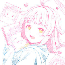 1girl absurdres ahoge blue_jacket blunt_bangs blunt_ends blush bow bowtie commentary_request heart highres holding holding_sketchbook hood hooded_jacket jacket kuntze long_sleeves looking_at_viewer love_live! love_live!_nijigasaki_high_school_idol_club medium_hair open_mouth pink_hair rina-chan_board sidelocks sketchbook smile solo star_(symbol) teeth tennoji_rina upper_body upper_teeth_only white_background yellow_bow yellow_bowtie yellow_eyes