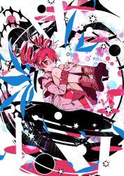 1girl 7:24 ahoge ankle_socks black_background black_boots black_sleeve_cuffs boots bow commentary_request drill_hair fetal_position fingernails floating floating_hair grey_jacket grey_skirt hair_between_eyes hair_bow hair_ribbon highres jacket kasane_teto kasane_teto_(sv) lace-up_boots layered_skirt layered_sleeves long_sleeves looking_at_viewer midriff_peek parted_lips red_background red_eyes red_hair red_nails red_skirt red_trim ribbon skirt socks solo synthesizer_v twin_drills utau white_background white_bow white_ribbon
