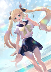 1girl :d absurdres aqua_eyes barefoot beach black_bow black_skirt blonde_hair bow choppy_bangs cloud cloudy_sky cropped_legs hair_bow highres kishida_mel lens_flare long_hair looking_at_viewer neckerchief ocean open_mouth original pleated_skirt school_uniform shirt sidelocks skirt sky smile standing twintails very_long_hair white_shirt yellow_neckerchief
