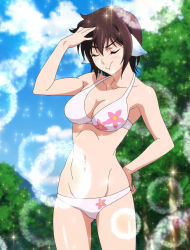 1girl absurdres bikini blush breasts brown_hair cleavage closed_eyes cloud collarbone flower_print hand_on_own_hip highres lynn_mei medium_breasts plunderer short_hair sky sparkle standing swimsuit tree white_bikini