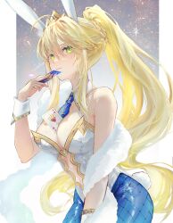 1girl animal_ears artoria_pendragon_(fate) artoria_pendragon_(swimsuit_ruler)_(fate) between_breasts blonde_hair blue_necktie blue_pantyhose braid breasts card cleavage commentary_request crown_braid detached_collar fake_animal_ears fate/grand_order fate_(series) fishnet_pantyhose fishnets fur_scarf highres holding holding_card large_breasts leaning_forward leotard long_hair necktie nigiri pantyhose playboy_bunny ponytail rabbit_ears rabbit_tail short_necktie sidelocks solo strapless strapless_leotard tail tiara very_long_hair white_leotard wrist_cuffs