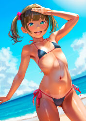 1girl :d bare_arms beach bikini black_bikini blue_eyes blue_sky brown_hair cloud collarbone commentary_request day flat_chest gluteal_fold hair_ornament hair_scrunchie highres horizon looking_at_viewer navel ocean open_mouth original outdoors scrunchie short_twintails side-tie_bikini_bottom sidelocks sky smile solo standing swimsuit tan tanline teeth twintails upper_teeth_only uzuki_mei