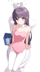 1girl absurdres ahoge alternate_costume animal_ears bare_arms bare_shoulders black_hair blue_archive blush breasts cleavage closed_mouth covered_navel detached_collar groin halo highres leotard long_hair looking_at_viewer medium_breasts miyu_(blue_archive) pantyhose pink_leotard playboy_bunny pn_(wnsl216) rabbit_ears red_eyes sitting small_breasts smile solo strapless strapless_leotard sweatdrop toilet trash_can very_long_hair white_pantyhose