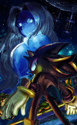 1boy 1girl absurdres blue_eyes from_behind furry furry_male gloves highres looking_at_viewer maria_robotnik pankerdotpng parted_lips red_eyes shadow_the_hedgehog sonic_(series) sonic_adventure_2 space space_colony_ark standing star_(sky) white_gloves