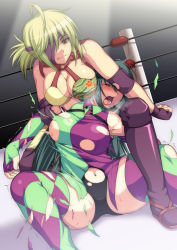 2girls blonde_hair blush breasts breath cleavage eyepatch closed_eyes green_hair himuro_shizuku holding kupala large_breasts leotard multiple_girls musumi_hazuki open_mouth ponytail restrained ryona short_hair smile submission submission_hold thighhighs torn_clothes trembling wrestle_angels wrestling wrestling_ring