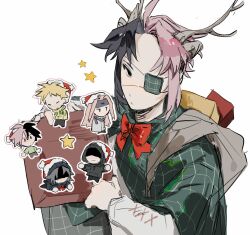 1girl 5boys :3 alternate_costume animal_ears antlers black_eyes black_hair black_jacket black_pants blonde_hair bow bowtie capelet chibi chinese_commentary closed_eyes closed_mouth coat commentary_request curtained_hair deer_ears enein_rundall expressionless eyepatch fukurou_(saibou_shinkyoku) fur-trimmed_headwear fur_trim green_capelet green_shirt grey_hair grey_headband grey_pants grey_scarf hands_in_pockets haruno_shion hat headband heterochromia highres hood hood_up hooded_jacket horns jacket karasu_(saibou_shinkyoku) kemonomimi_mode lei_renqun_xing_shanyao_shi long_sleeves male_focus multicolored_hair multiple_boys mutsushika_misumi nanami_izu open_mouth pants parted_bangs pink_hair plaid_capelet plaid_clothes red_bow red_bowtie red_eyes red_hat reindeer_antlers saibou_shinkyoku santa_hat scarf shaded_face shirt short_hair short_sleeves smile split-color_hair two-tone_hair white_coat white_shirt yellow_jacket