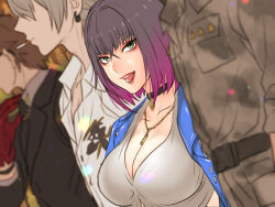 Rule 34 | 1girl, 3boys, :d, aohitsugi samatoki, black choker, blue jacket, blurry, bob cut, breast pocket, breasts, brown hair, buckle, busujima rio mason, camouflage, camouflage jacket, choker, cigarette, cleavage, collarbone, collared shirt, crossed bangs, depth of field, diamond (shape), eyeshadow, formal clothes, from side, gloves, gold necklace, gradient hair, green eyes, grey hair, gyozaz, height difference, highres, hypnosis mic, hypnosis mic: alternative rap battle, iruma jyuto, jacket, jacket on shoulders, jewelry, large breasts, light particles, long sleeves, looking at viewer, mad trigger crew, makeup, mole, mole under mouth, multicolored hair, multiple boys, nakiri amiria, necklace, necktie, open mouth, partially unbuttoned, pendant choker, pocket, purple hair, red eyeshadow, red gloves, red lips, shirt, side-by-side, smile, snap-fit buckle, solo focus, suit, teeth, v-bangs, white shirt