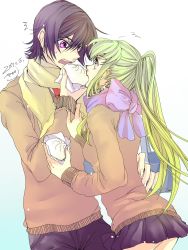 1boy 1girl 2017 bag black_hair black_pants black_skirt blonde_hair brown_sweater c.c. code_geass couple cowboy_shot dated eating eye_contact floating_hair food gradient_hair green_hair hair_between_eyes hand_on_another&#039;s_hip highres holding holding_food lelouch_vi_britannia long_hair long_sleeves looking_at_another miniskirt multicolored_hair necktie pants pink_eyes pleated_skirt purple_scarf red_neckwear roman_buriki scarf school_bag school_uniform signature simple_background skirt sweatdrop sweater very_long_hair white_background yellow_eyes yellow_scarf