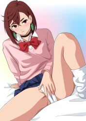 Rule 34 | 1girl, arm support, artist name, ayase momo, black choker, blue skirt, blush, bow, bowtie, brown hair, choker, closed mouth, clothes lift, collared shirt, dandadan, earrings, female masturbation, frown, gradient background, hair between eyes, highres, jewelry, knee up, long sleeves, looking at viewer, loose socks, masturbation, masturbation through clothes, moemaru miyako, panties, pink sweater, pleated skirt, red bow, red bowtie, red eyes, school uniform, shirt, short hair, signature, sitting, skirt, socks, solo, spread legs, sweater, underwear, white panties, white shirt, white socks