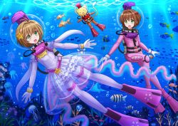 2girls :d blush bodysuit brown_hair cardcaptor_sakura cardcaptor_sakura_clear_card_arc charm_(object) diving_mask diving_suit dual_persona fish flippers frilled_skirt frills goggles green_eyes hair_between_eyes hair_ornament highres jellyfish kazenokaze kero_(cardcaptor_sakura) kinomoto_sakura multiple_girls open_mouth pink_legwear scuba_gear scuba_tank short_hair skirt smile star_(symbol) star_hair_ornament underwater wetsuit white_legwear