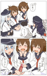 &gt;_&lt; 10s 1boy 4girls :d ^_^ admiral_(kancolle) akatsuki_(kancolle) black_hair black_legwear blue_eyes brown_eyes brown_hair censored closed_eyes comic cooperative_handjob fang folded_ponytail hair_ornament handjob hat hibiki_(kancolle) ikazuchi_(kancolle) inazuma_(kancolle) kantai_collection loli long_hair military military_uniform multiple_girls naval_uniform open_mouth pantyhose penis personification petite pointing rensouhou-chan school_uniform serafuku short_hair silver_hair skirt smile sweatdrop teamwork_(sexual) thighhighs translation_request youkan