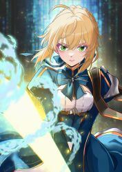 1girl absurdres ahoge artoria_pendragon_(fate) blonde_hair blue_dress blue_ribbon braid commentary dress english_commentary fate/stay_night fate/unlimited_blade_works fate_(series) floating_hair fukou glowing glowing_sword glowing_weapon green_eyes hair_ribbon highres holding holding_sword holding_weapon honkai:_star_rail honkai_(series) juliet_sleeves lips long_sleeves looking_at_viewer official_alternate_costume pink_lips puffy_sleeves ribbon saber_(fate) saber_(honkai:_star_rail)_(fate) short_hair sidelocks solo sword weapon