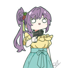 1girl :d absurdres aqua_skirt false_smile frilled_shirt frills gun hair_bun hair_over_shoulder hanamiya_nina handgun highres holding holding_gun holding_weapon link!_like!_love_live! long_hair love_live! o_o off-shoulder_shirt off_shoulder oofushi_ao open_mouth otomune_kozue otomune_kozue_(summer_casual) purple_hair shirt side_ponytail sidelocks signature simple_background single_side_bun skirt smile solo unamused virtual_youtuber voice_actor_connection weapon white_background yellow_shirt