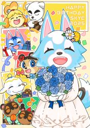 2025 3boys 5girls :d ^_^ absurdres animal_crossing animal_ears birthday bouquet closed_eyes commentary_request dress flower furry furry_female furry_male hair_flower hair_ornament happy happy_birthday haretaka highres holding holding_bouquet isabelle_(animal_crossing) june_(animal_crossing) k.k._slider_(animal_crossing) multiple_boys multiple_girls nintendo open_mouth rosie_(animal_crossing) skye_(animal_crossing) smile solo_focus tail tia_(animal_crossing) timmy_(animal_crossing) tommy_(animal_crossing) white_dress wolf_ears wolf_girl wolf_tail