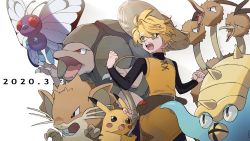 1girl beige_headwear belt blonde_hair butterfree chuchu_(pokemon) clenched_hands commentary_request dated dodrio gen_1_pokemon golem green_eyes hat highres looking_to_the_side nintendo omastar open_mouth pikachu pokemon pokemon_(creature) pokemon_adventures raticate rozu_ki short_hair straw_hat teeth tongue yellow_(pokemon)
