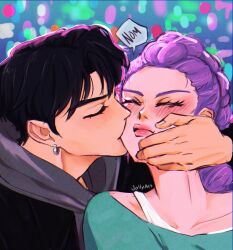 1boy 1girl artist_name black_hair black_jacket blush braid braided_ponytail closed_eyes commentary earrings english_commentary eyelashes highres hood hoodie jacket jewelry jinu_(kpop_demon_hunters) jolly_(jollyfarts) kiss kpop_demon_hunters pink_lips purple_hair rumi_(kpop_demon_hunters) short_hair upper_body