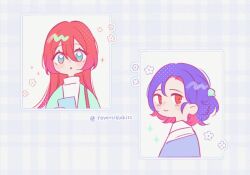 1boy 1girl amate_yuzuriha aqua_eyes blue_hair blush gundam gundam_gquuuuuux hair_ornament jacket long_hair looking_at_viewer multicolored_hair open_mouth purple_hair red_eyes red_hair reversiblekiss shirt short_hair shuji_ito smile two-tone_hair upper_body white_shirt