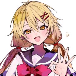 Rule 34 | 1girl, :d, adjusting bowtie, antenna hair, blonde hair, blue sailor collar, bow, bowtie, double-parted bangs, fang, hair between eyes, hair ornament, hairpin, hand up, heart, highres, long hair, low twintails, open mouth, orange eyes, original, osr 00 osr, portrait, red bow, red bowtie, sailor collar, school uniform, serafuku, simple background, skin fang, smile, solo, twintails, white background, white serafuku, x hair ornament