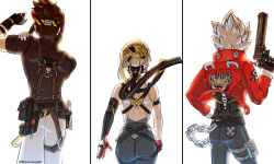 Rule 34 | 1girl, 2boys, anton ivanov, belt, billy kid, black belt, black gloves, black hair, black pants, black shirt, blonde hair, cowboy shot, evelyn chevalier, from behind, gloves, gun, half gloves, high-waist pants, highres, himuronanart, holding, holding gun, holding weapon, humanoid robot, jacket, multicolored hair, multiple boys, pants, red jacket, ring hair ornament, robot, robot boy, shirt, single half glove, spiked hair, tight clothes, tight pants, two-tone hair, weapon, white hair, white pants, zenless zone zero