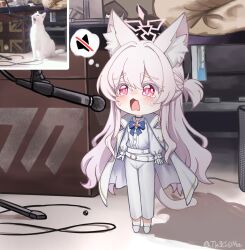 1girl absurdres akira_(blue_archive) animal_ear_fluff animal_ears blue_archive blue_bow blush bow cat_ears cat_girl cat_tail crying crying_with_eyes_open fang gloves hair_between_eyes highres jacket long_hair meme open_mouth pants pink_eyes pink_hair shirt shoes sidelocks skin_fang solo tail tears th3cr0ma white_gloves white_jacket white_pants white_shirt white_shoes