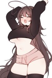 Rule 34 | 1girl, ahoge, black sweater, black thighhighs, blush, breasts, brown hair, closed eyes, crop top, cropped sweater, dolphin shorts, eyebrows hidden by hair, fang, heart, heart ahoge, highres, large breasts, long ahoge, long hair, looking to the side, open mouth, pink shorts, short shorts, shorts, skin fang, sky above me, sky above me (vtuber), solo, standing, stretching, sweater, thighhighs, thighs, turtleneck, turtleneck sweater, underboob, very long hair, white background