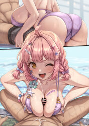 1boy 1girl absurdres ahoge ass bare_shoulders bikini blush breasts breasts_squeezed_together brown_eyes censored chieru_(princess_connect!) chieru_(winter)_(princess_connect!) cleavage clothes_pull cum ejaculation hair_ornament hetero highres large_breasts large_variant_set looking_at_viewer low_twintails momo_no_sukebe multiple_views one_eye_closed open_mouth paizuri penis pink_hair princess_connect! purple_bikini short_hair short_twintails shorts shorts_pull sideboob smile star_(symbol) star_hair_ornament swimsuit textless_version thighs twintails variant_set wet