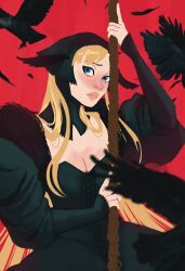 1girl absurdres ambrosia_(dungeon_meshi) bird black_dress black_headscarf black_hood blue_eyes breasts cleavage crow detached_hood dress dungeon_meshi ear_covers elf headscarf highres holding holding_staff lace-trimmed_headwear lace-trimmed_hood lace_trim looking_at_viewer marcille_donato marcille_donato_(lord) murdergirly pointy_ears solo staff wimple