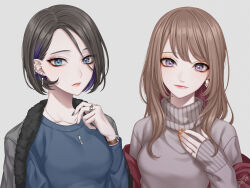 1girl 2girls black_eyeliner black_hair blue_eyes blue_sweater breasts brown_hair closed_mouth collarbone colored_inner_hair commentary_request ear_piercing earrings eyeliner fingernails fur-trimmed_jacket fur_trim grey_background grey_jacket grey_nails grey_sweater hair_between_eyes jacket jewelry long_hair long_hair_between_eyes long_sleeves looking_at_viewer makeup medium_breasts multicolored_hair multiple_girls multiple_rings nail_polish necklace off_shoulder orange_nails original parted_bangs parted_lips piercing purple_eyes ring saijou_yurika short_hair sign simple_background sleeves_past_wrists smile solo sweater turtleneck turtleneck_sweater upper_body watch wristwatch