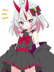 Rule 34 | 1girl, ahoge, bare shoulders, black bow, black jacket, black sailor collar, black shirt, blush, bow, bowtie, closed mouth, commentary request, cowboy shot, dot nose, double-parted bangs, fang, fang out, grey hair, hair bow, hair ornament, highres, horns, jacket, kotatsu-mazoku, looking at viewer, multicolored hair, notice lines, off shoulder, open clothes, open jacket, original, pink eyes, pleated skirt, red bow, red bowtie, red horns, sailor collar, school uniform, serafuku, shirt, shoshinsha mark, simple background, skin fang, skirt, sleeveless, sleeveless shirt, smile, solo, streaked hair, striped bow, white background