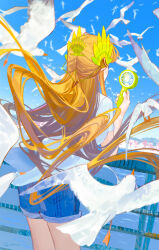 1girl absurdres arknights bird blue_sky brown_hair chinese_commentary denim denim_shorts electric_fan hair_ornament hand_fan handheld_electric_fan highres holding holding_fan laurel_crown long_hair lyuqiu muelsyse_(arknights) ocean outdoors shorts sky solo summer very_long_hair