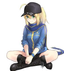 1girl ahoge artoria_pendragon_(fate) baseball_cap black_boots black_hat black_shorts blonde_hair blue_jacket blue_scarf boots fate/grand_order fate_(series) female_focus green_eyes hair_through_headwear hat highres jacket knee_boots lace-up_boots lotus_position mysterious_heroine_x_(fate) revision scarf shorts simple_background sitting smile solo track_jacket tsurupy white_background
