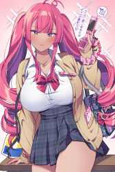 1girl bag bag_charm breasts cellphone cellphone_charm charm_(object) flip_phone gyaru highres holding holding_phone jewelry large_breasts original phone pink_hair pink_ribbon pleated_skirt ribbon riku_(melty_drop) school_bag school_uniform shirt skirt sweater twintails white_shirt