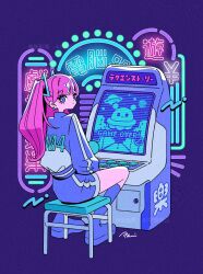 1girl arcade_cabinet boots closed_mouth dot_mouth full_body hair_between_eyes highres jacket long_sleeves looking_at_viewer looking_back nakazawa_ayami on_stool original pink_hair purple_background purple_boots purple_eyes purple_jacket purple_shorts shorts simple_background sitting stool twintails yen_sign