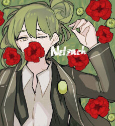 Rule 34 | 1boy, arm up, black scarf, collared shirt, covered mouth, eyebrow cut, flower, flower request, green background, green eyes, green jacket, hair bun, jacket, lapels, library of ruina, male focus, nakame77, netzach (project moon), open clothes, open collar, open jacket, poppy (flower), project moon, red flower, scarf, shirt, single side bun, solo, upper body, white shirt, wince