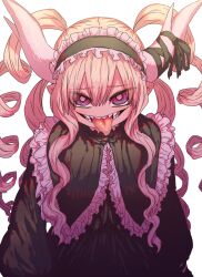 1girl asymmetrical_horns black_dress black_ribbon blonde_hair commentary_request demon_girl demon_horns dress drill_hair eyebrows_hidden_by_hair goth_fashion gothic_lolita hair_between_eyes highres horns horror_(theme) lolita_fashion long_dress looking_at_viewer musuko_ga_kawaikute_shikatanai_mazoku_no_hahaoya nightmare_(mazohaha) pointy_ears purple_eyes ribbon sharp_teeth simple_background solo teeth tongue tongue_out twintails white_background white_horns zyugoya