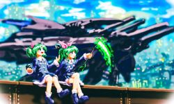 Rule 34 | 2girls, aircraft, black dress, black footwear, blue eyes, bow, cancer (zodiac), collar, dress, green hair, holding, holding scythe, juggling, kioh gyoku, long sleeves, mai (seihou), mei (seihou), multiple girls, neon lights, orb, pink bow, pom pom (clothes), ponytail, scorpio (zodiac), scythe, seihou, short twintails, siblings, sisters, sitting, socks, twintails, ufo no 11, white collar, white socks, zodiac