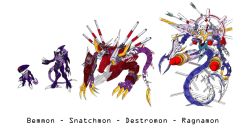 bemmon cannon claws destromon digimon evolution evolutionary_line green_eyes highres official_art ragnamon snatchmon tail