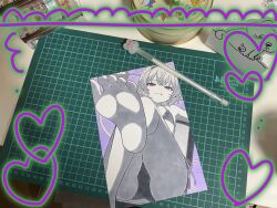 Rule 34 | 1girl, art tools in frame, ass, barefoot, bikini, black hairband, buttons, cameltoe, chair, eyeball, feet, flat chest, foot focus, frilled bikini, frills, greyscale with colored background, hair ornament, hairband, heart, heart button, heart hair ornament, highres, komeiji satori, pink eyes, purple background, short hair, simple background, sitting, smile, solo, spot color, swimsuit, third eye, touhou, traditional media, tumugihikari, v-shaped eyebrows