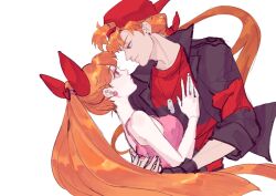 1boy 1girl aged_up backwards_hat baseball_cap black_gloves black_jacket blossom_(ppg) bow brick_(ppg) bugs01 commentary couple dog_tags dress earrings english_commentary gloves hair_ornament hairclip hand_on_another&#039;s_chest hat hug jacket jewelry long_hair looking_at_another low_ponytail orange_hair pink_dress pink_eyes ponytail powerpuff_girls red_bow red_eyes red_hat red_shirt rowdyruff_boys shirt smile striped_clothes striped_jacket striped_shirt very_long_hair white_background